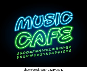 Logotipo vectorial brillante Music Cafe con Neon Font. Letras y números alfabetos escritos a mano