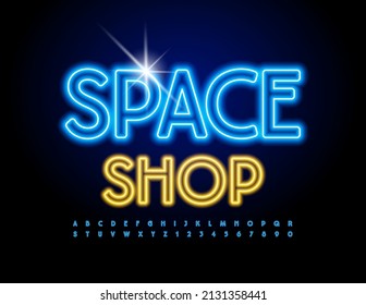 Vector glowing Logo Space Shop.   Illuminated Font. Electric Blue Alphabet Letters and Numbers