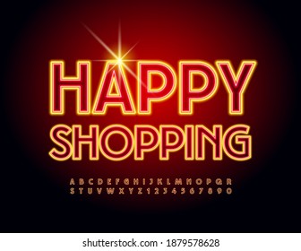 Vector glowing logotype Happy Shopping. Bright electric Font. Neon Alphabet Letters and Numbers set