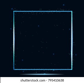 Vector glowing magic square frame. Glowing neon blue wave. Glitter sparkle trail effect on dark transparent background.