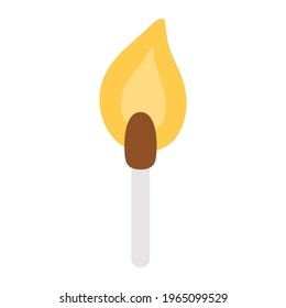 Vector glowing match icon isolated on white background. Burning stick illustration. Lit matchstick in fire. 

