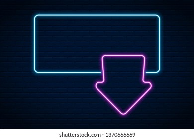 Vector glowing neon arrow  on dark brick wall background.