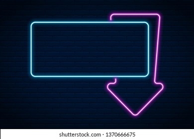 Vector glowing neon arrow  on dark brick wall background.