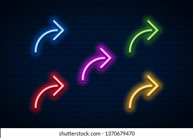 Vector glowing neon arrow  on dark brick wall background.