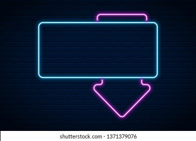 Vector glowing neon arrow  on dark brick wall background.