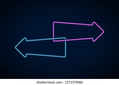 Vector glowing neon arrow  on dark brick wall background.
