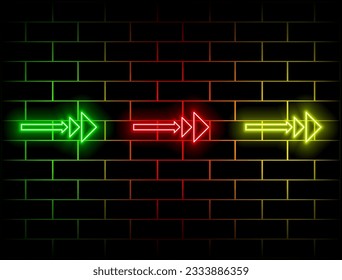 Vector glowing neon arrow on dark brick wall background. green, red, yellow, pink, blue, orange.