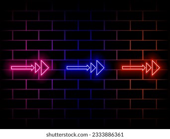 Vector glowing neon arrow on dark brick wall background. green, red, yellow, pink, blue, orange