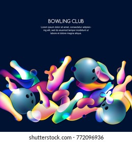 Vector glowing neon bowling background with multicolor 3d bowling balls and pins. Abstract colorful overlapping shapes illustration on black background