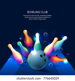 Vector glowing neon bowling club banner or poster with multicolor 3d bowling balls and pins. Abstract colorful shapes illustration on black background.