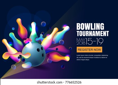 Vector glowing neon bowling tournament banner or poster with multicolor 3d bowling balls and pins. Abstract colorful shapes illustration on black background.