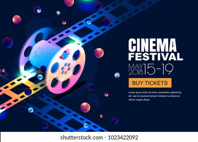 Vector Glowing Neon Cinema Festival Banner. Film Reel In 3d Isometric Style On Abstract Night Cosmic Sky Background. Design Template With Copy Space For Movie Poster, Sale Cinema Theatre Tickets.