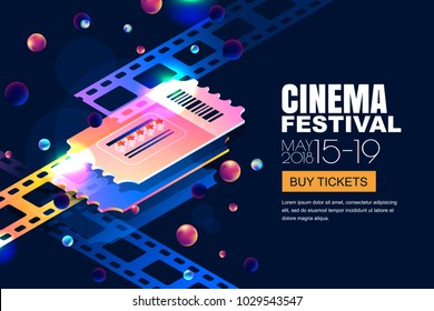 Vector Glowing Neon Cinema Festival Banner. Cinema Tickets In 3d Isometric Style On Abstract Night Cosmic Sky Background. Design Template With Copy Space For Movie Poster, Sale Theatre Tickets.