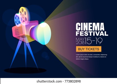 Vector glowing neon cinema festival poster or banner background. Colorful 3d style movie camera with film spotlight. Sale cinema theatre tickets, movie time and entertainment concept