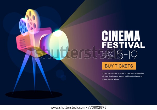 Vector\
glowing neon cinema festival poster or banner background. Colorful\
3d style movie camera with film spotlight. Sale cinema theatre\
tickets, movie time and entertainment\
concept