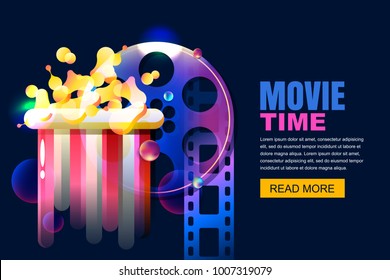 Vector glowing neon cinema and home movie time concept. Colorful film reel and popcorn modern illustration. Sale cinema theatre tickets, poster or banner background.