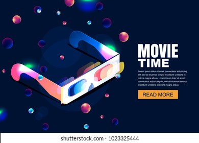 Vector Glowing Neon Cinema, Movie Illustration. 3d Glasses In Isometric Style On Abstract Night Cosmic Sky Background. Design Template With Copy Space For Banner, Poster, Sale Cinema Theatre Tickets.