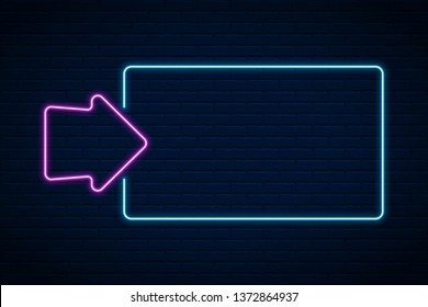 Vector glowing neon frame arrow and rectangle on dark brick wall background.