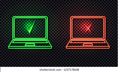 Vector Glowing Neon Laptops, Check and Cross Marks, Bright Red and Green Colors, Icons Isolated on Dark Transparent Background.