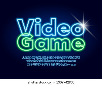 Videojuego con el logotipo del neón brillante vectorial con la letra moderna. Letras, números y símbolos luminosos de alfabeto