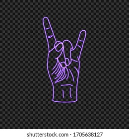 Vector Glowing Neon Rock N Roll Hand Isolated On Dark Transparent Background, Shining Illustration, Shine Effect.