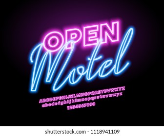 Vector glowing neon sign Open Motel. Pink light Font. Electric Alphabet Letters, Numbers and Symbols