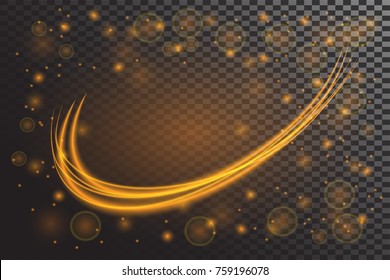 Vector Glowing neon spiral.Speed lines with light effect in golden color. Gold glittering spiral.Magic glow light effect with sparkles and particle on transparent background.