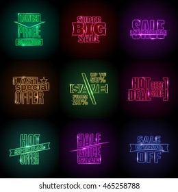 vector glowing neon trendy template set of sale lower offer and quality product logotype color pink classic nighttime partnership isolated colourful special black heap colorful digital red fashionable