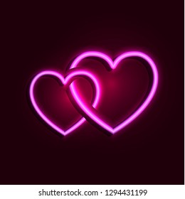 Vector Glowing Pink Hearts Couple, Shining Love Symbols Isolated on Dark Background.