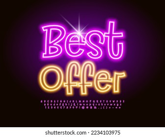 Vector glowing poster Best Offer.  Pink Neon Font. Funny Modern Alphabet Letters and Numbers set