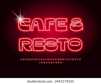 Vector glowing poster Cafe  Resto. Cool Electric Font. Neon Red Alphabet Letters and Numbers.