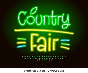 Cartaz brilhante do vetor Feira do País. Fonte Elétrica Verde. Letras e Números de Alfabeto de Neon engraçado definido.