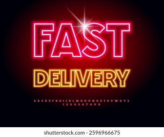 Vector Glowing poster Fast Delivery. Neon Red Font. Electric Alphabet Letters and Numbers set.