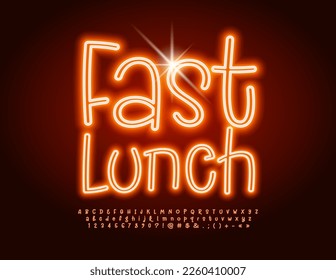 Vector glowing poster Fast Lunch. Bright Neon Font. Electric Alphabet Letters and Numbers