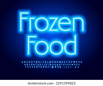 Vector glowing poster Frozen Food. Blue Neon Font. Set of electric Alphabet Letters and Numbers