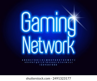 Vektorgrafik Glühendes Poster Gaming Netzwerk. Trendy glühende Schriftart. Beleuchtungssatz aus Buchstaben und Zahlen