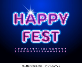 Vector Glowing Poster Happy Fest. Colorful Neon Alphabet Letters and Numbers. Cool Electric Font.