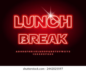 Vector glowing poster Lunch Break. Red Neon Font. Modern Alphabet Letters and Numbers set.