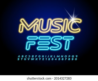 Vetor brilhante cartaz Music Fest. Fonte do estilo Techno. Letras e Números Alfabetos Iluminados Azuis