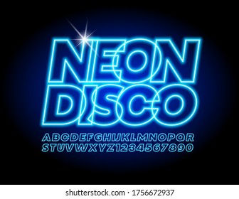 Vector glowing poster Neon Disco with Electric light Font. Blue Alphabet Letters and Numbers