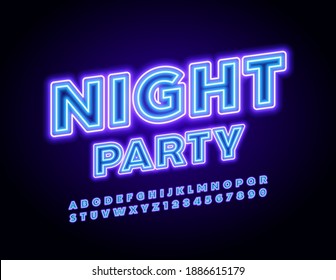 Vector glowing poster Night Party. Neon Uppercase Font. Artistic Alphabet Letters and Numbers