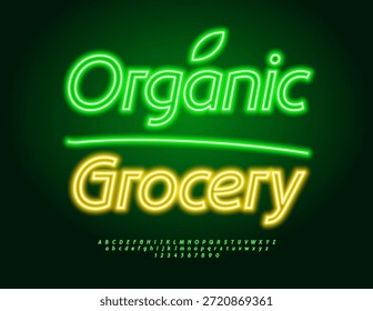 Vector Glowing poster Comestibles orgánicos. Fuente verde neón. Conjunto de letras y números de alfabeto iluminado led.
