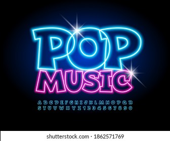 Vector glowing poster Pop Music. Illuminated led Font. Blue Neon Alphabet Letters and Numbers set