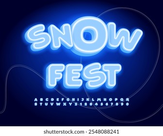 Vector glowing poster Snow Fest. Blue Winter Font. Neon 3D Alphabet Letters and Numbers set.