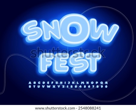 Vector glowing poster Snow Fest. Blue Winter Font. Neon 3D Alphabet Letters and Numbers set.