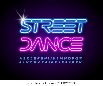 Vector glowing Poster Street Dance. Neon Blue Font. Artistic Alphabet Letters and Numbers 