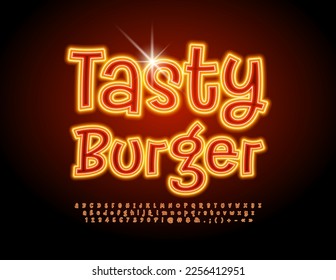 Vector glowing Poster Tasty Burger. Funny Neon Font. Creative Alphabet Letters and Numbers set