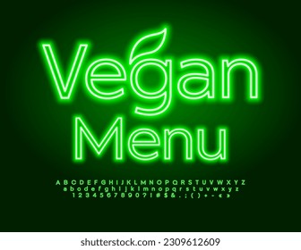 Vektor Glows Poster Vegan Menu. Green Neon Font. Modernes Set an elektrischen Alphabeten-Buchstaben und -Zahlen