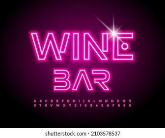 Vector Glowing Poster Wine Bar. Neon Pink Font. Artistic Alphabet Letters and Numbers set