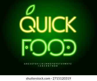 Vector brillante promoción comida rápida para café y supermercado. Fuente verde neón. Conjunto exclusivo de letras y números del alfabeto futurista.